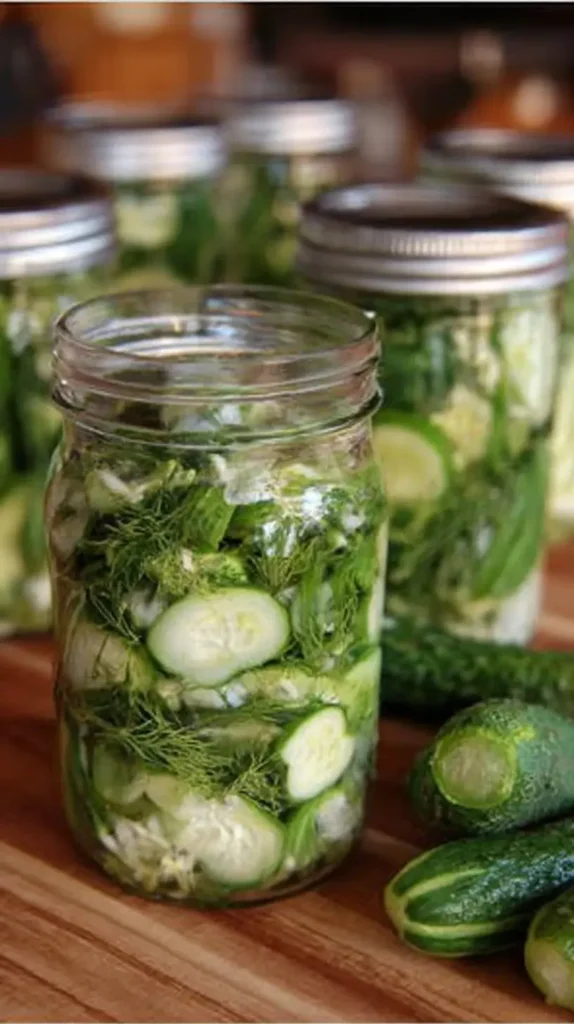 Close-up of a mason jar packed with sliced cucumbers, fresh dill, and minced garlic on a wooden counter, with sealed pickle jars in the background.