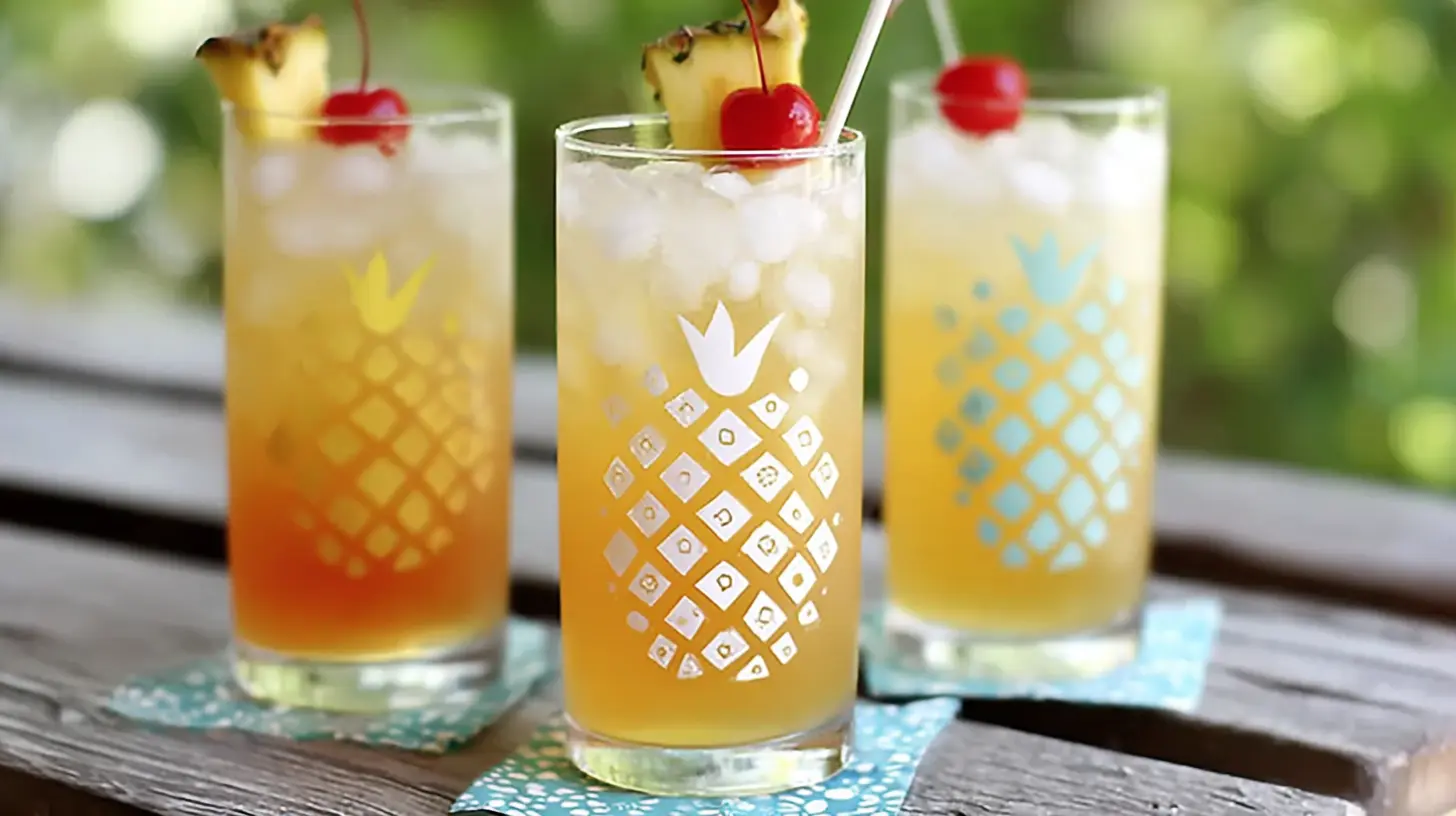 Golden lemonade mocktail with pineapple and cherry garnish served in pineapple-pattern glasses.