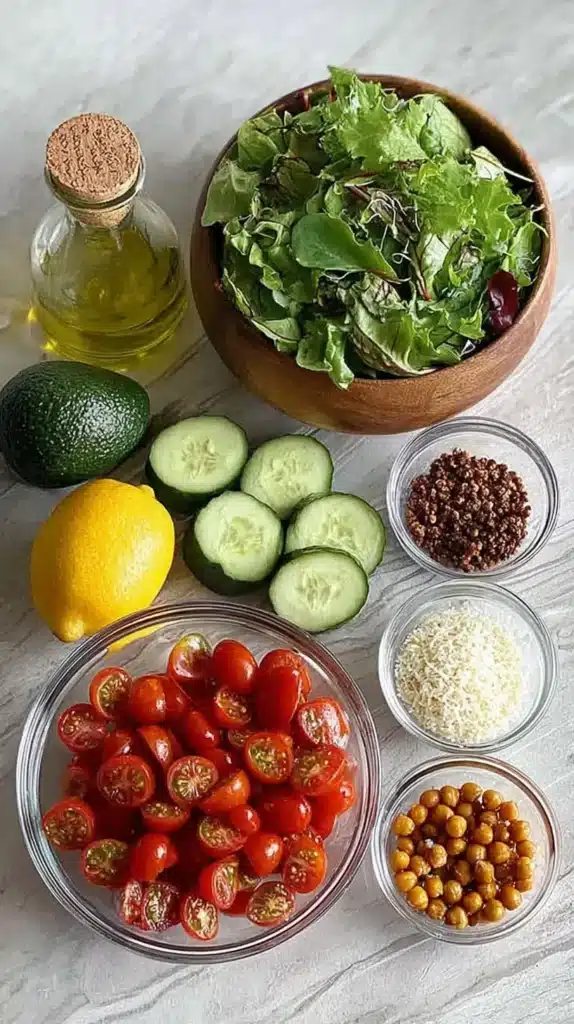 Ingredients for super greens salad with crunchy chickpeas, avocado, cucumbers, and cherry tomatoes