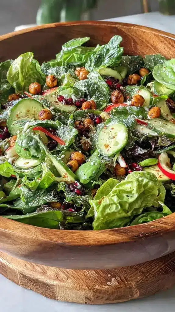 Super greens salad with crunchy chickpeas, cucumbers, and pomegranate seeds