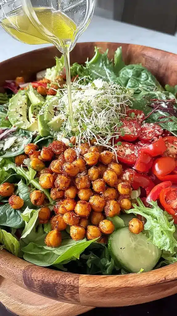 Pouring dressing over a super greens salad with crunchy chickpeas, avocado, and tomatoes