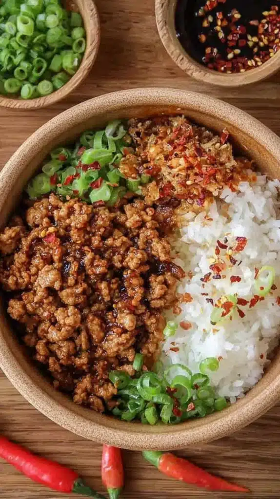 Rice bowl topped with ground turkey, scallions, and chili flakes or chili crisp