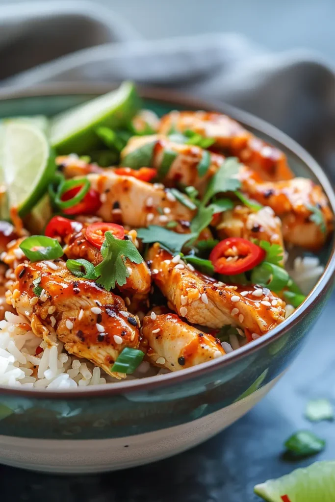 Sweet chili chicken served over rice in a bowl with lime wedges, cilantro and sliced red chili.
