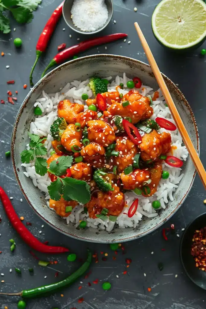 Sweet chili chicken rice bowl with white rice, sliced red chili and cilantro, topped with sesame seeds.