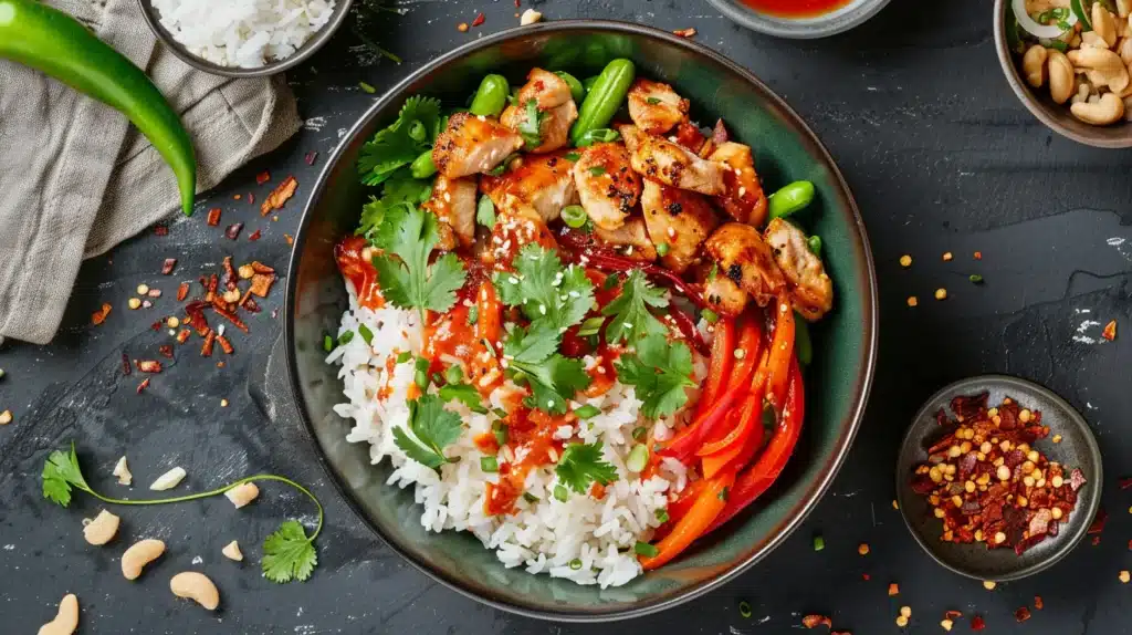 Overhead sweet chili chicken rice bowl with bell peppers, cilantro and spicy sauce drizzled over white rice.