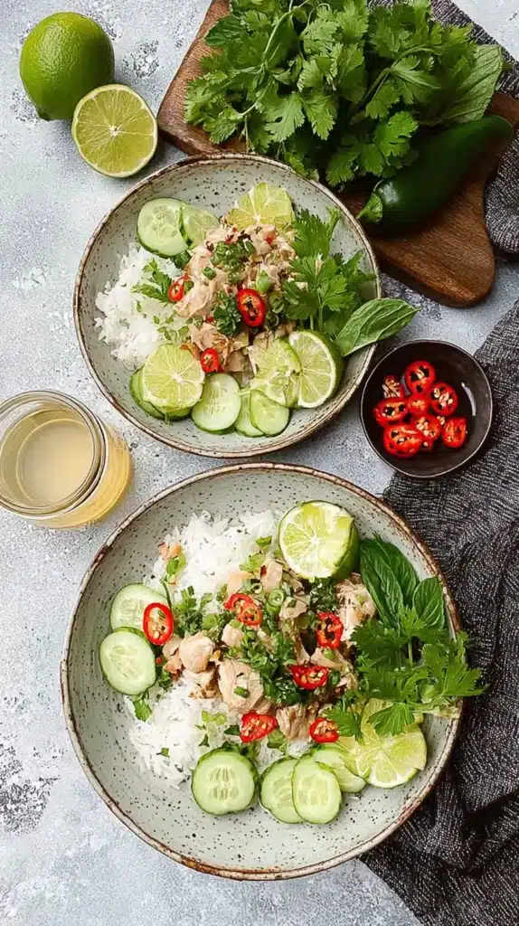 overhead of two bowls of Thai lemongrass chicken over jasmine rice with cucumbers, cilantro, mint, sliced red chilies, and lime wedges; herbs and a small bowl of chilies on the side