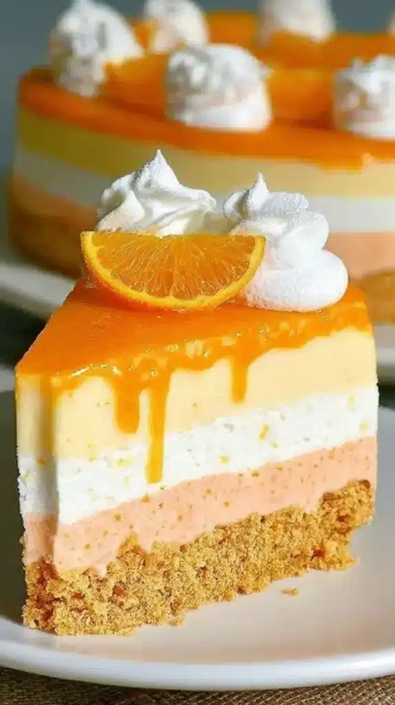 Orange Cream Cheesecake Recipe: Easy No-Bake Layers 2 Tall slice of layered orange creamsicle cheesecake with dripping citrus topping, whipped cream, and orange wedge