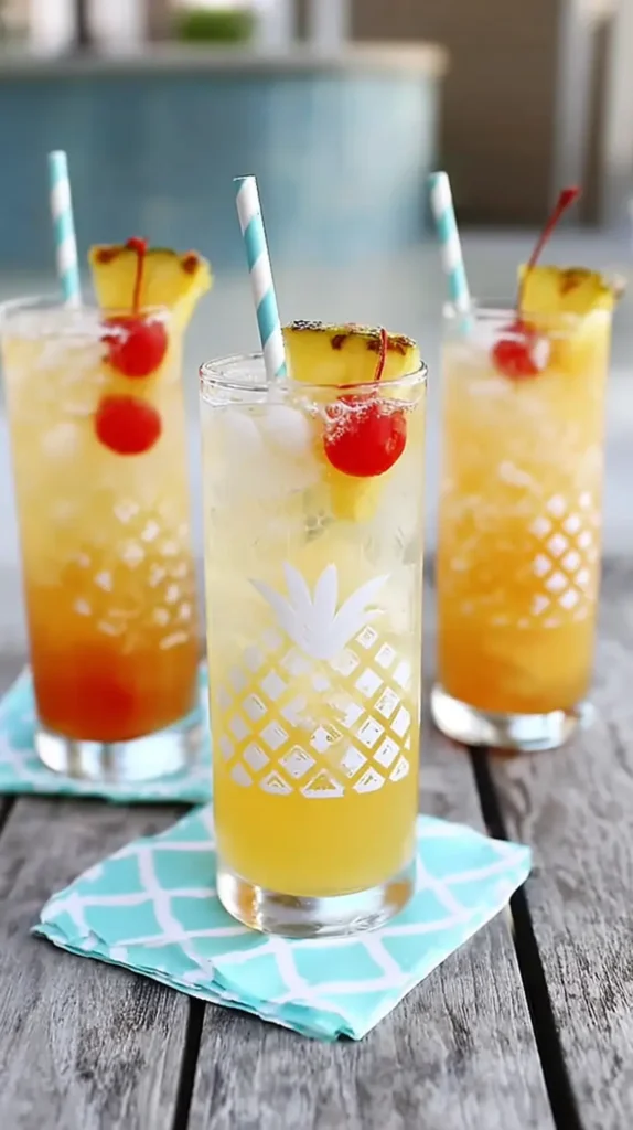 Lemonade mocktail with pineapple slice and cherry garnish served over crushed ice in a tall glass.