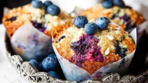 Tall bakery-style blueberry muffins with crumb topping and juicy blueberry bursts, wrapped in parchment liners, garnished with fresh blueberries.
