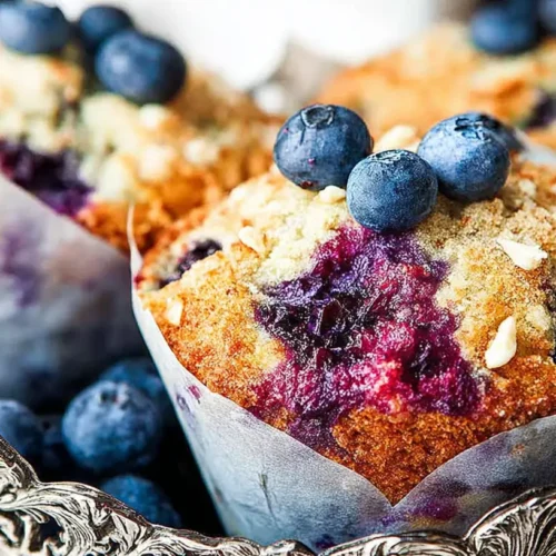 Tall bakery-style blueberry muffins with crumb topping and juicy blueberry bursts, wrapped in parchment liners, garnished with fresh blueberries.