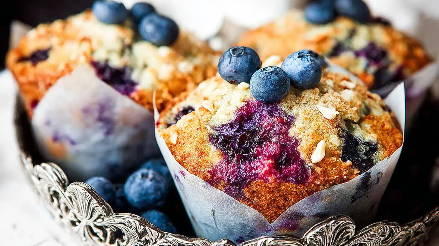 Tall bakery-style blueberry muffins with crumb topping and juicy blueberry bursts, wrapped in parchment liners, garnished with fresh blueberries.