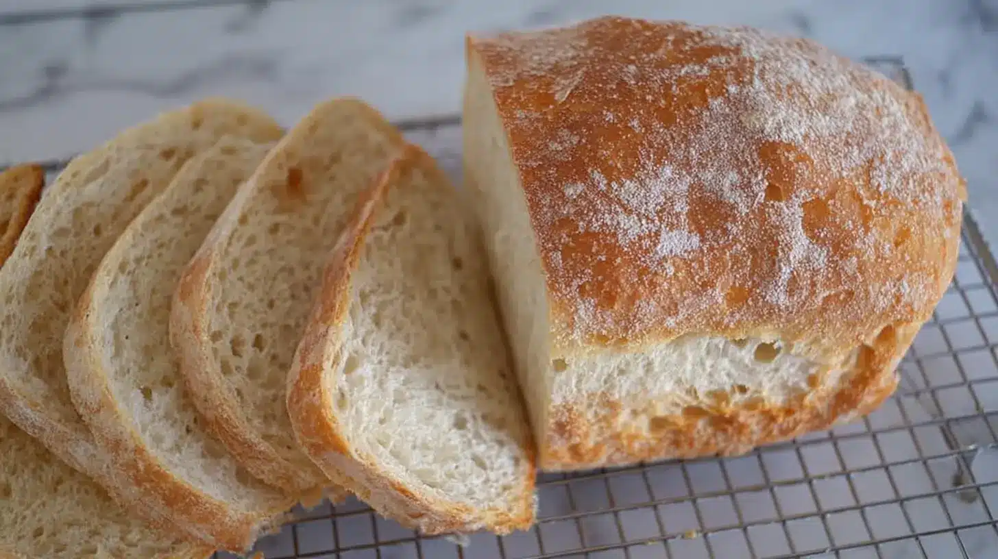 Golden-crusted potato-flake sourdough loaf, partially sliced on a wire rack, showing an airy, tender crumb.