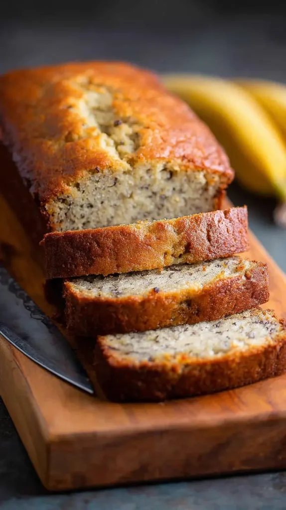 Moist banana bread with buttermilk sliced on a wooden board against a dark background.