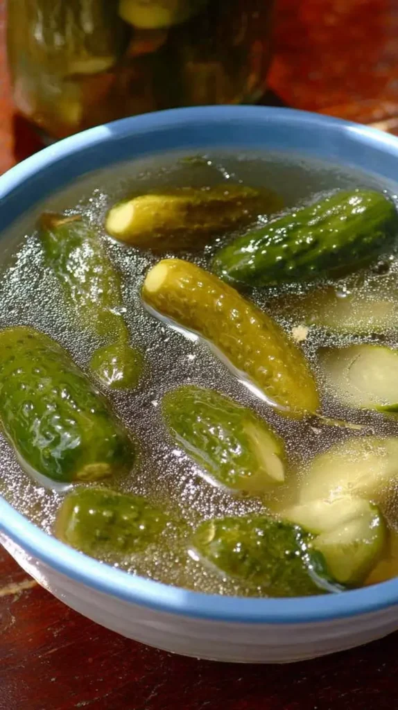 Blue-rimmed bowl filled with small cucumbers and garlic slices soaking in warm, bubbly brine for sun pickles.