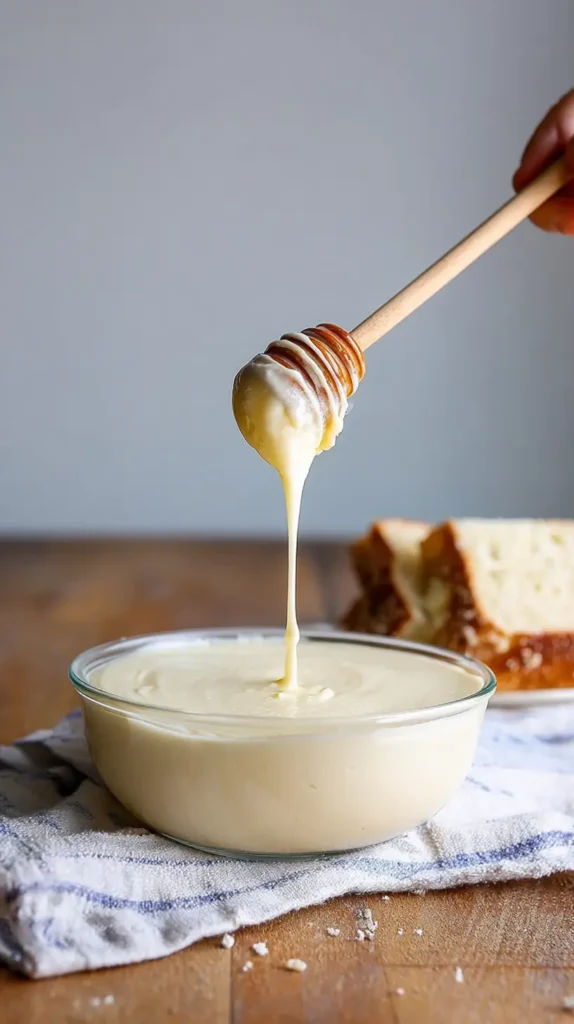 whipped honey recipe shown on a honey dipper over a bowl