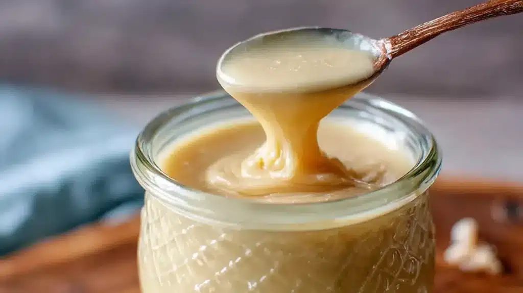 whipped honey recipe dripping smoothly from a spoon into a jar