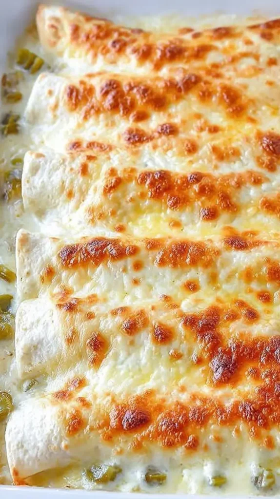 White Chicken Enchiladas close-up showing browned cheese and creamy filling