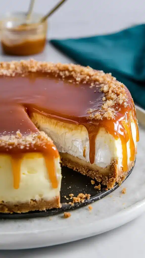 Caramel Cheesecake Tort Recipe: Simple, Luxurious whole cake with a single slice removed and caramel dripping.