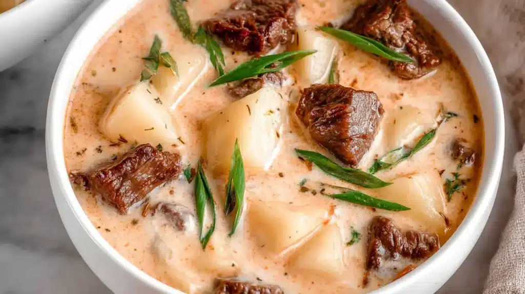 Creamy Steak and Potato Soup: Hearty & Amazing wide hero bowl with potato wedges, seared steak, and fresh herbs.