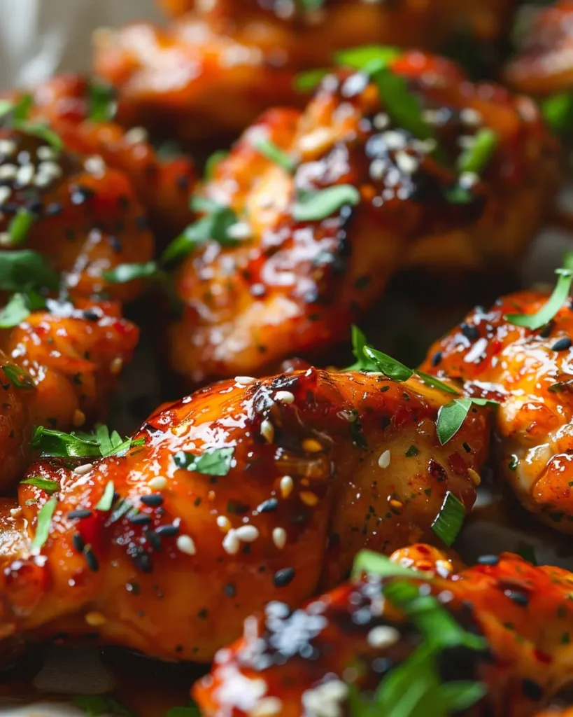 Close up of baked sweet chili chicken pieces glazed in sticky sauce with sesame seeds and herbs.