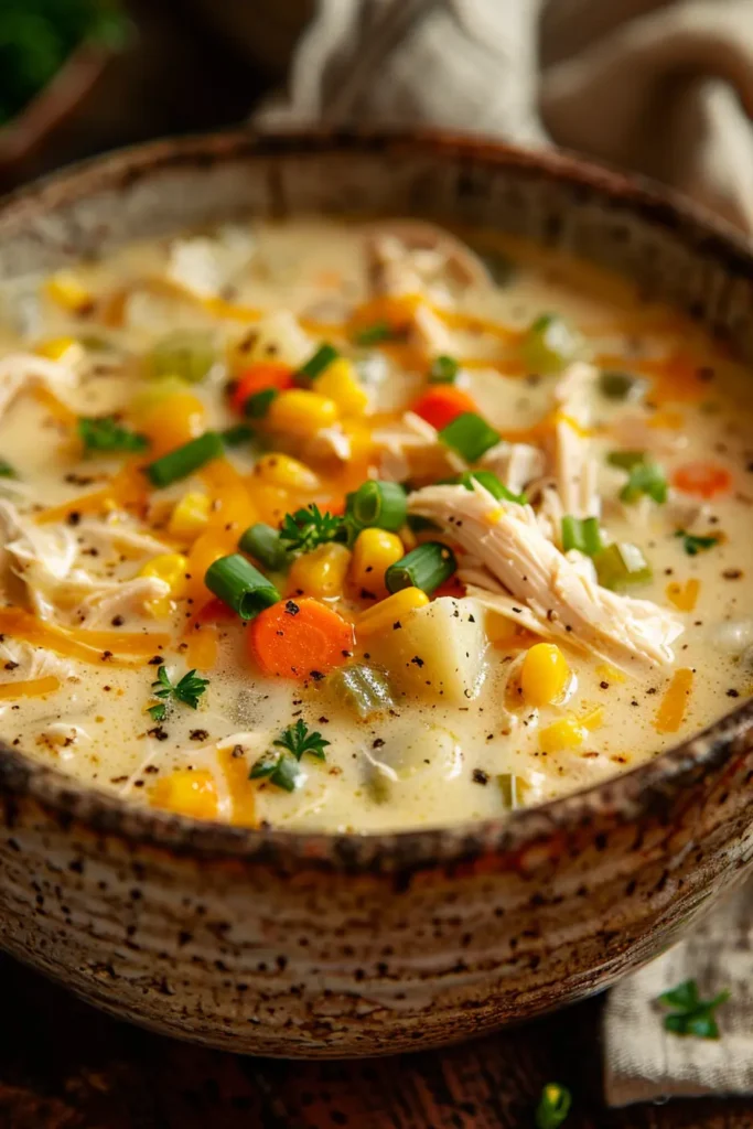 Creamy viral ranch chicken soup in a white bowl, topped with shredded cheddar, green onion, and fresh dill.