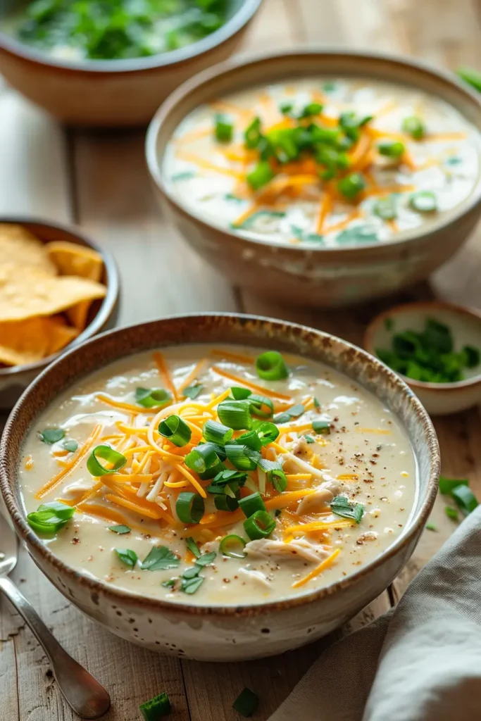 Two rustic bowls of creamy ranch chicken soup topped with shredded cheddar and green onions on a wooden table