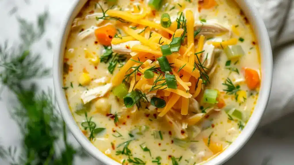 Close-up of viral ranch chicken soup in a white bowl, topped with shredded cheddar, green onion, dill, and tender chicken pieces – creamy ranch chicken soup for cozy weeknights.
