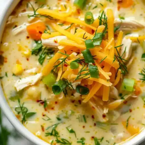 Close-up of viral ranch chicken soup in a white bowl, topped with shredded cheddar, green onion, dill, and tender chicken pieces – creamy ranch chicken soup for cozy weeknights.