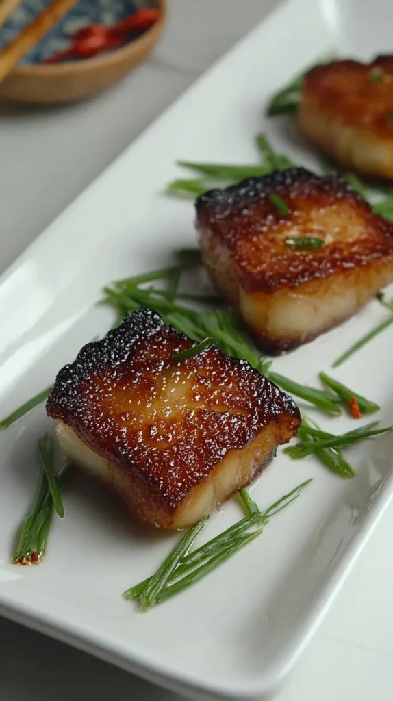 close-up of caramelized miso black cod cubes with charred edges on a white platter, garnished with scallion threads