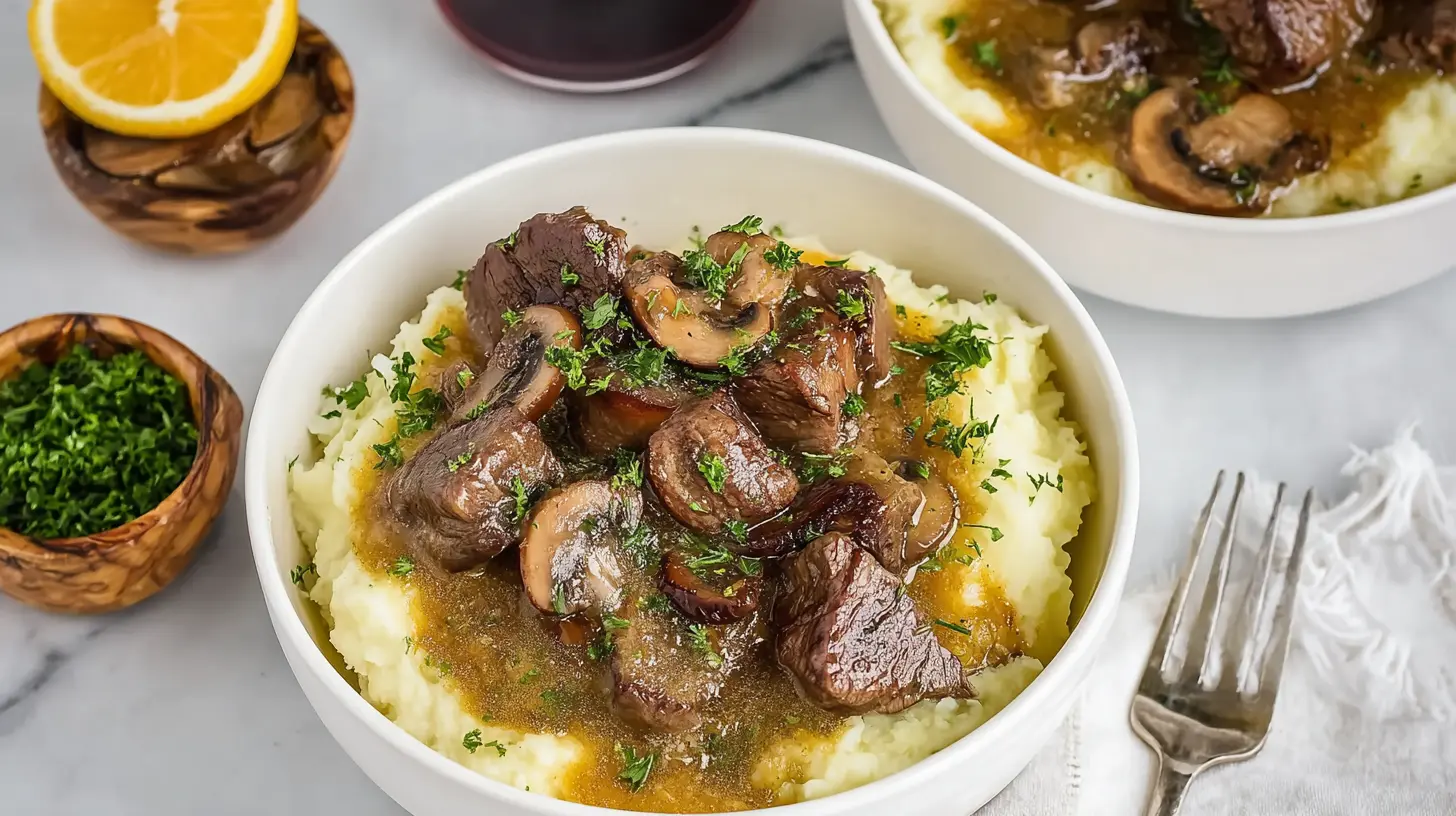 Two bowls of mashed potatoes topped with beef tips and mushrooms, surrounded by chopped herbs and lemon.