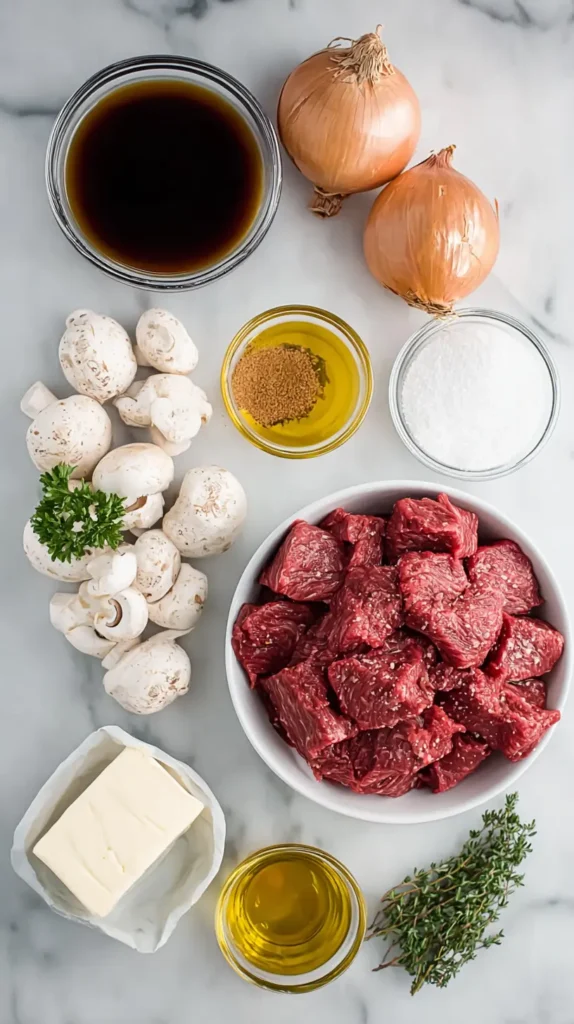 Flat lay of raw beef cubes, mushrooms, onions, butter, oil, broth, sugar, and fresh thyme on a marble surface.