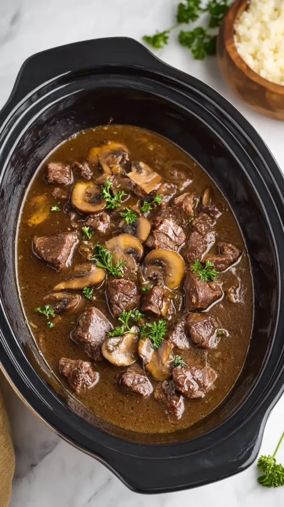 Overhead view of beef tips and sliced mushrooms simmering in rich brown gravy inside a black crock pot.