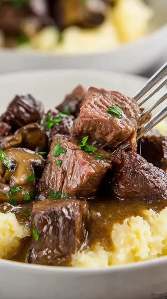 Fork lifting tender beef tips with mushrooms and gravy over mashed potatoes in a shallow bowl.