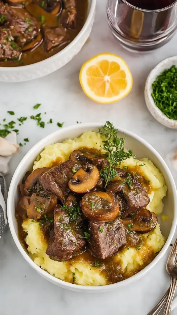 Bowl of mashed potatoes topped with beef tips, mushrooms, and fresh herbs with lemon and wine in the background.