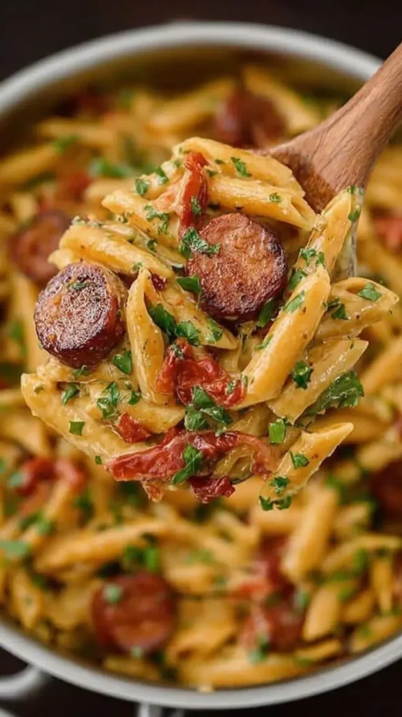 Wooden spoon lifting a creamy scoop of pastalaya with sausage and penne from the pot.