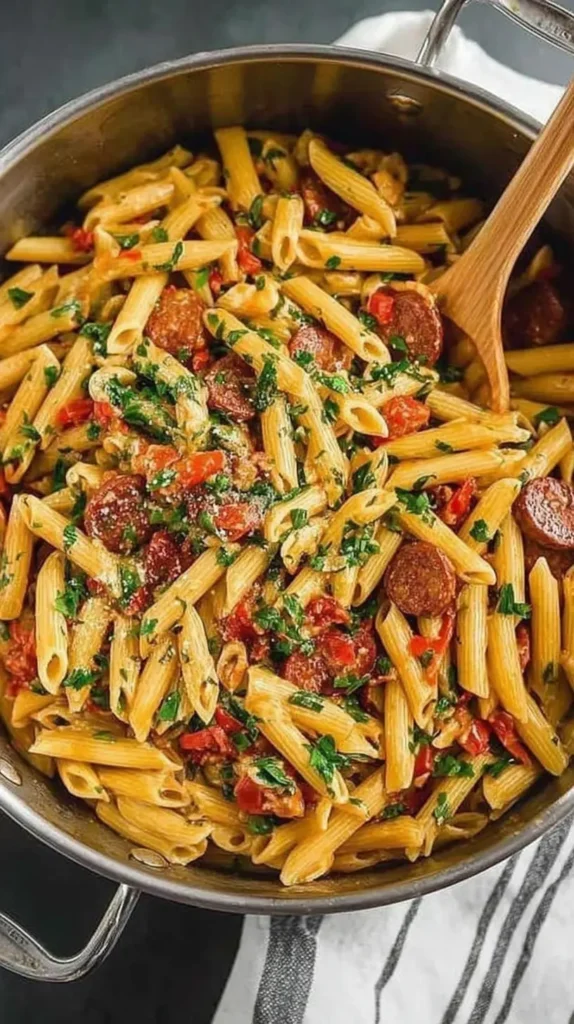 Skillet of finished pastalaya with penne, sausage slices, and parsley, with a wooden spoon.