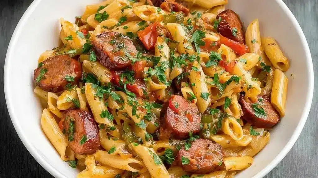 Bowl of creamy pastalaya with penne pasta, smoked sausage slices, tomatoes, and parsley.