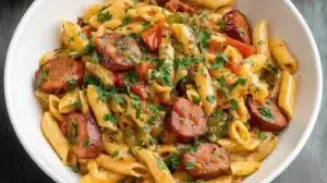 Bowl of creamy pastalaya with penne pasta, smoked sausage slices, tomatoes, and parsley.