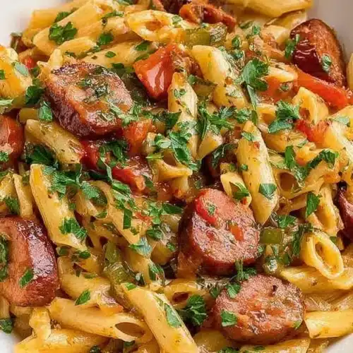 Bowl of creamy pastalaya with penne pasta, smoked sausage slices, tomatoes, and parsley.