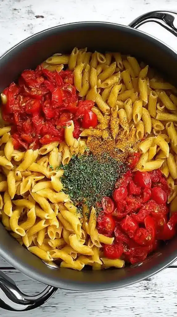Large pot filled with uncooked penne pasta, chopped tomatoes, and dried herbs before cooking.