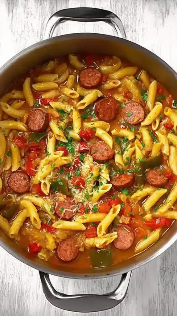 Top-down view of pastalaya simmering in a pot with penne pasta, sausage, peppers, and sauce.