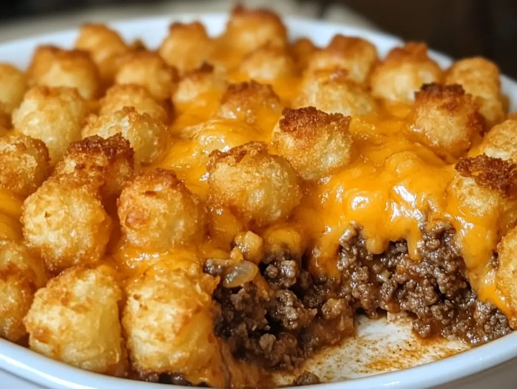 Side view of cheesy Tater Tot Casserole in a white baking dish with a scoop removed, showing the saucy ground beef layer underneath crispy tater tots.