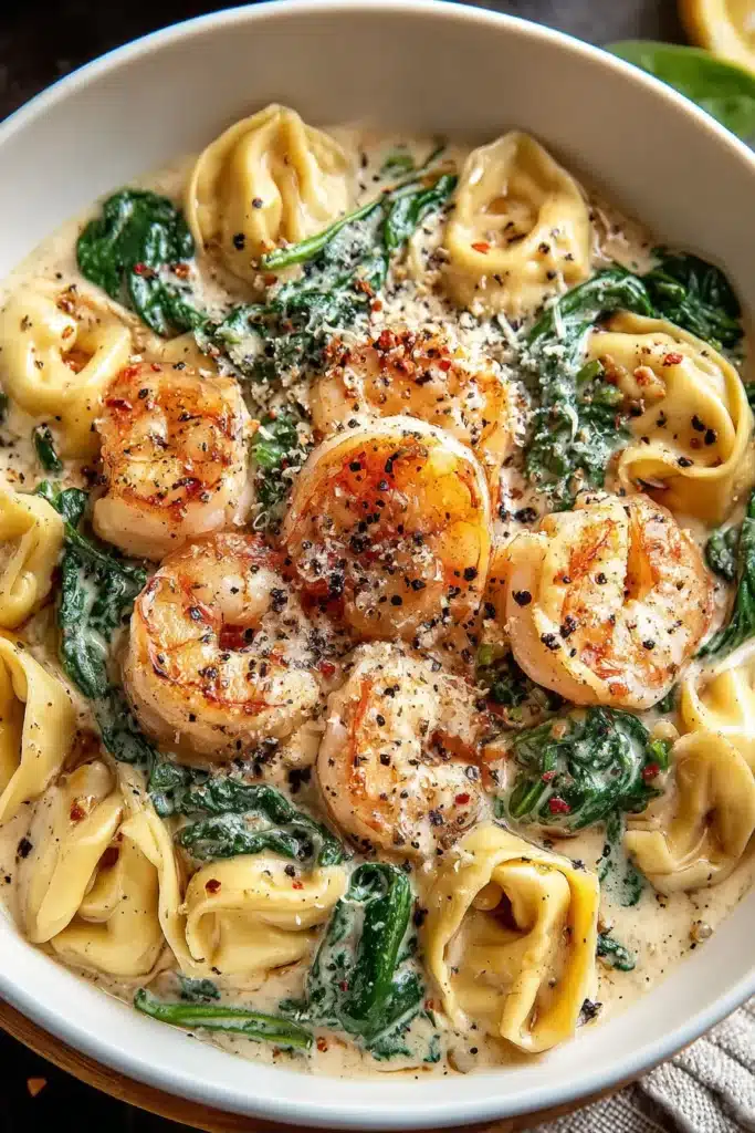 Creamy Shrimp and Spinach Tortellini in a rich garlic cream sauce with seared shrimp, baby spinach, and parmesan