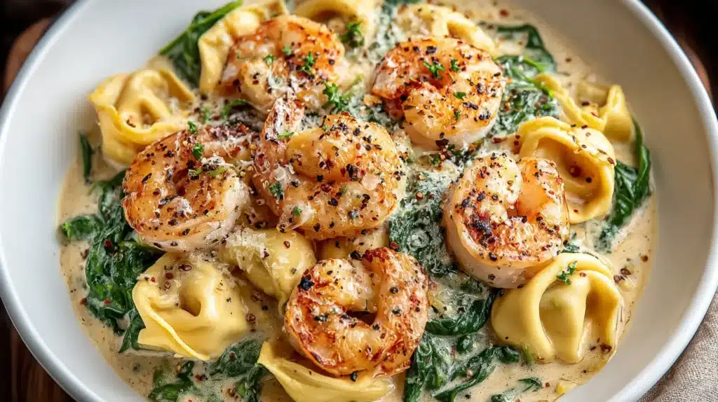 Creamy shrimp and spinach tortellini served in a bowl with parmesan, cracked black pepper, and creamy sauce