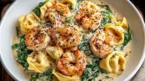 Creamy shrimp and spinach tortellini served in a bowl with parmesan, cracked black pepper, and creamy sauce