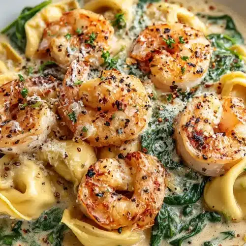 Creamy shrimp and spinach tortellini served in a bowl with parmesan, cracked black pepper, and creamy sauce
