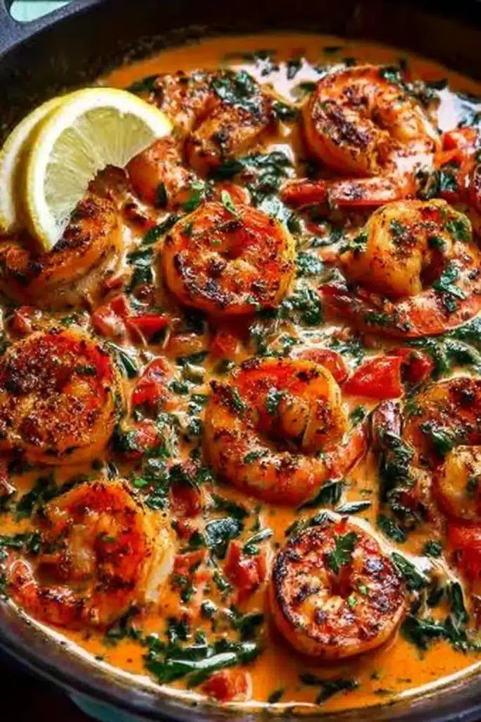 Creamy Garlic-Paprika Shrimp Skillet: Amazing & Cozy 3 Creamy Garlic-Paprika Shrimp Skillet with seared shrimp in a rich creamy paprika sauce, spinach, and a lemon wedge