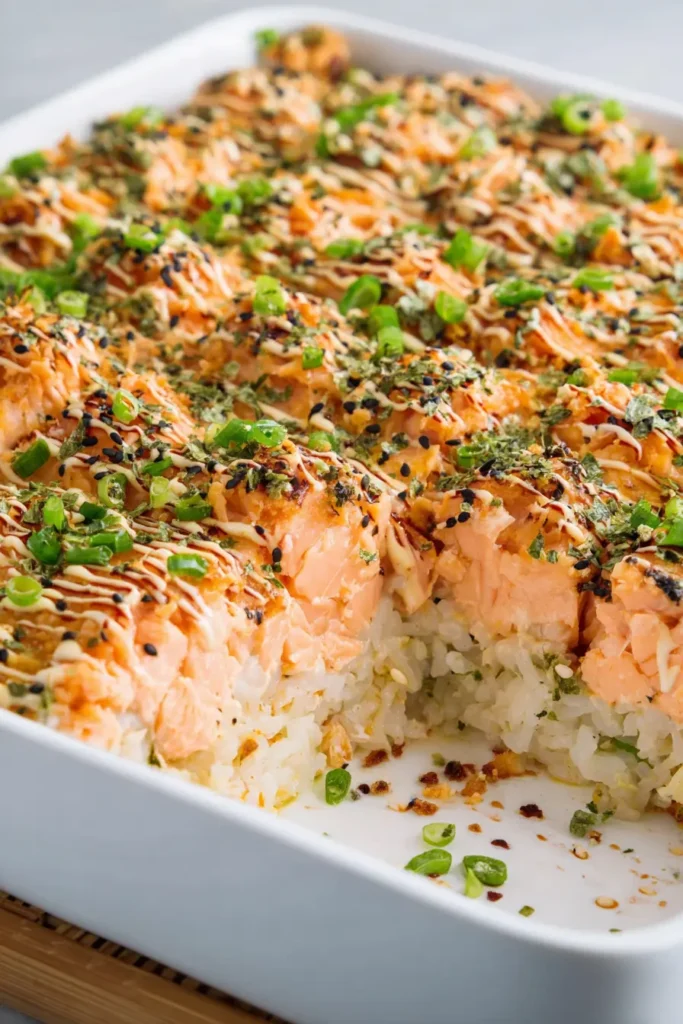 Close-up of salmon sushi bake with flaky baked salmon over a layer of rice, drizzled with creamy sauce and sprinkled with green onions and sesame seeds in a white baking dish.