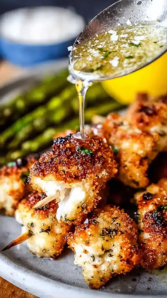 Close-up of crispy chicken spiedini pieces on a plate as hot lemon-garlic butter is spooned over the breadcrumb coating.