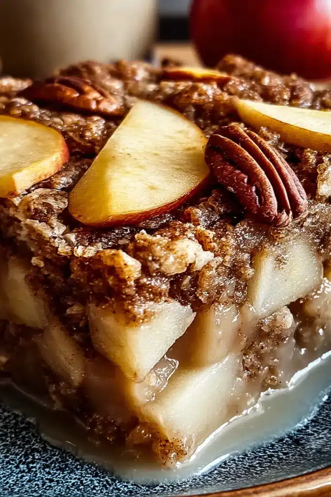 Close-up of Oatmeal Apple Breakfast Bake showing tender baked apples, cinnamon oat topping, and pecans with a glossy sweet drizzle